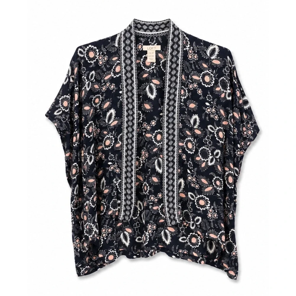LOFT Floral Kimono Wrap Navy Blue Blush Pink Boho Western Cottagecore One Size